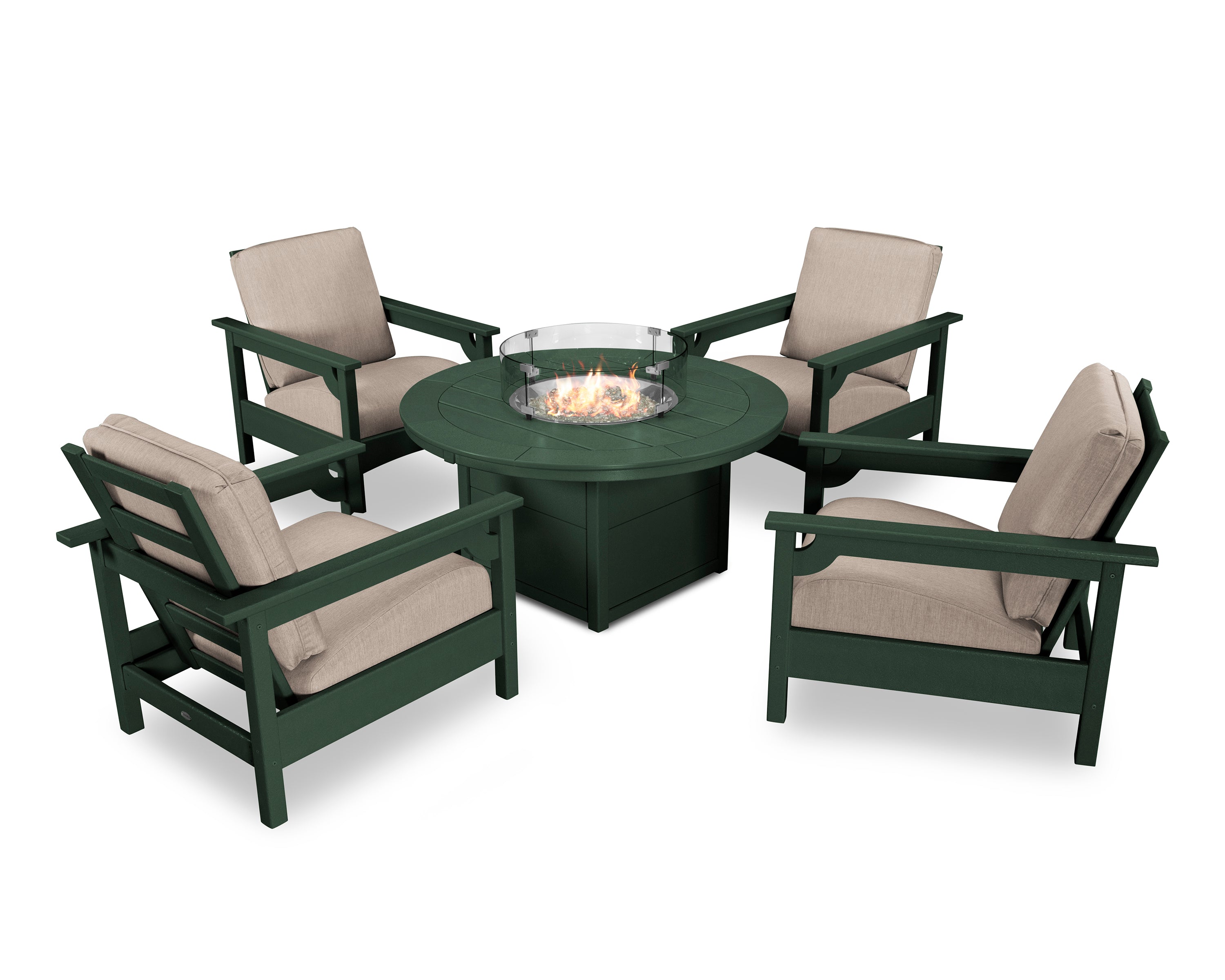 POLYWOOD® Club 5-Piece Conversation Set with Fire Pit Table in Green / Cast Ash