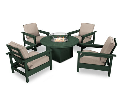 POLYWOOD® Club 5-Piece Conversation Set with Fire Pit Table in Green / Cast Ash