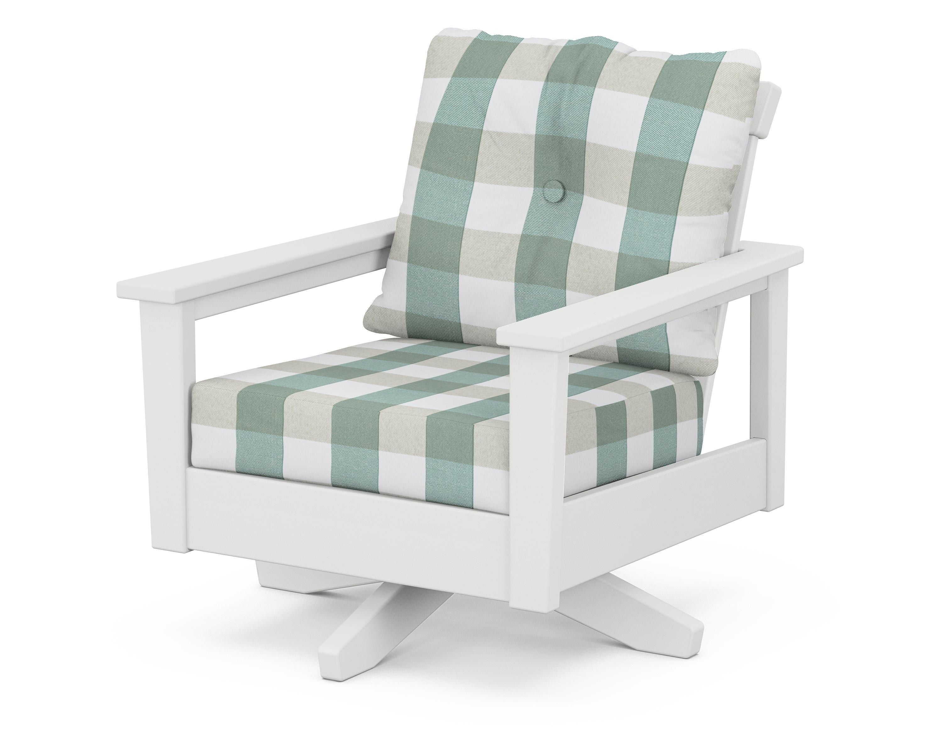 POLYWOOD® Prescott Deep Seating Swivel Chair in White / Buffalo Plaid Glacier Spa