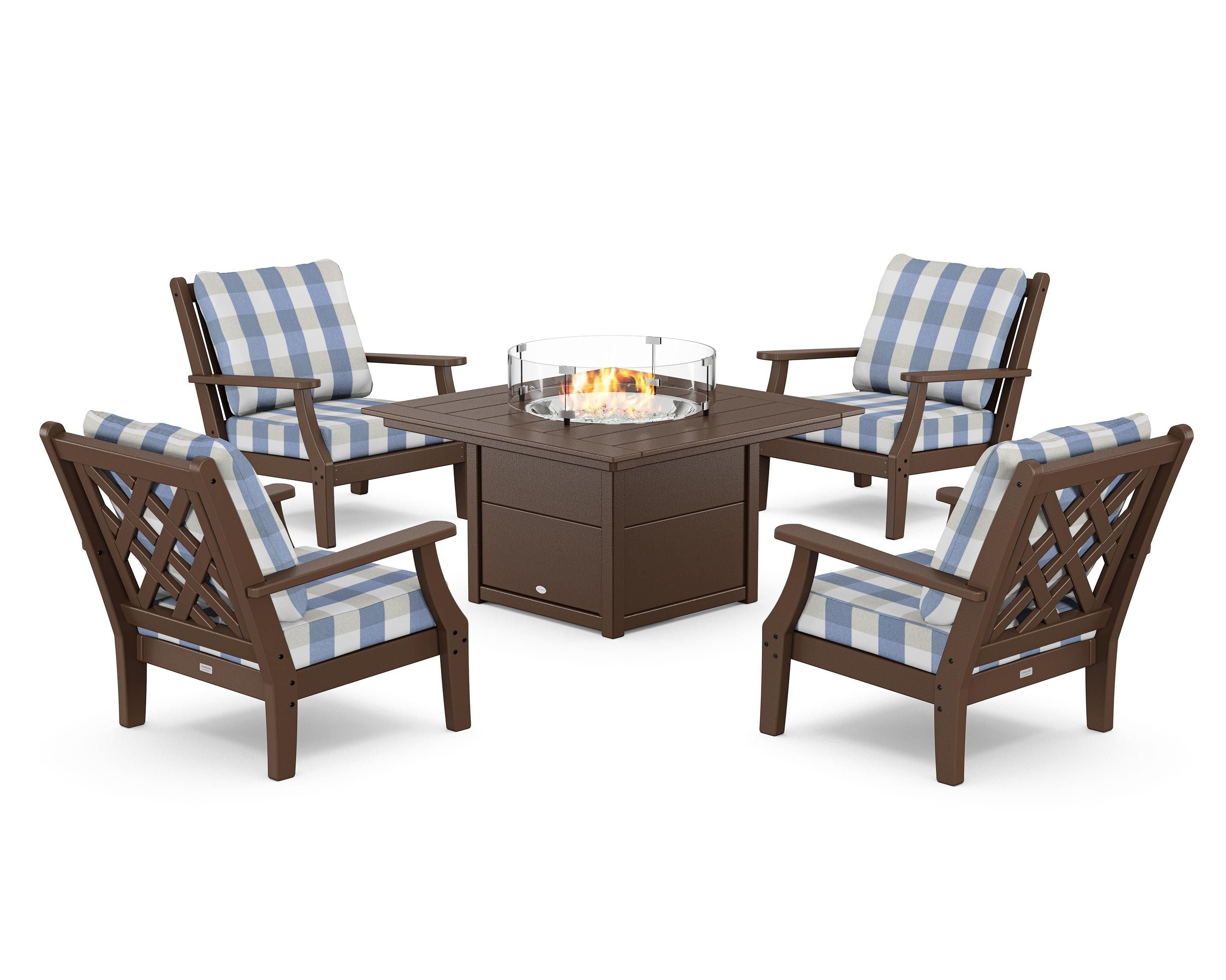 Country Living Wovendale 5-Piece Deep Seating Set with Fire Pit Table in Mahogany / Buffalo Plaid Sky Blue
