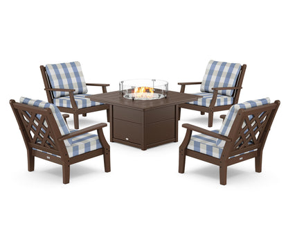 Country Living Wovendale 5-Piece Deep Seating Set with Fire Pit Table in Mahogany / Buffalo Plaid Sky Blue