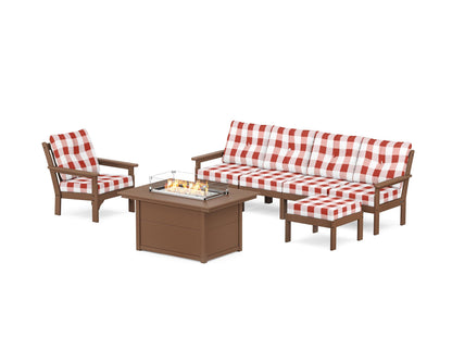 POLYWOOD® Vineyard Sectional Lounge and Fire Pit Set in Teak / Buffalo Plaid Crimson