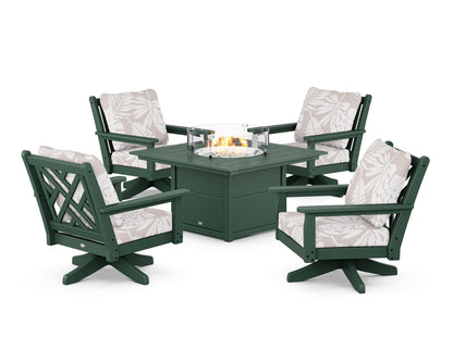 POLYWOOD® Chippendale 5-Piece Deep Seating Swivel Conversation Set with Fire Pit Table in Green / Leaf Dune Burlap