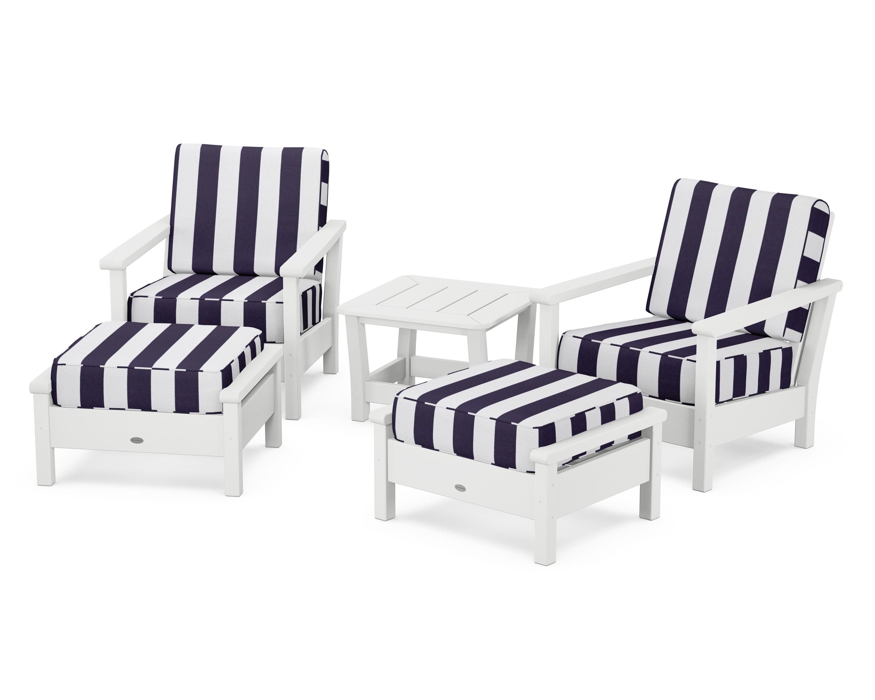 POLYWOOD® Harbour 5-Piece Deep Seating Chair Set in White / Cabana Stripe Navy