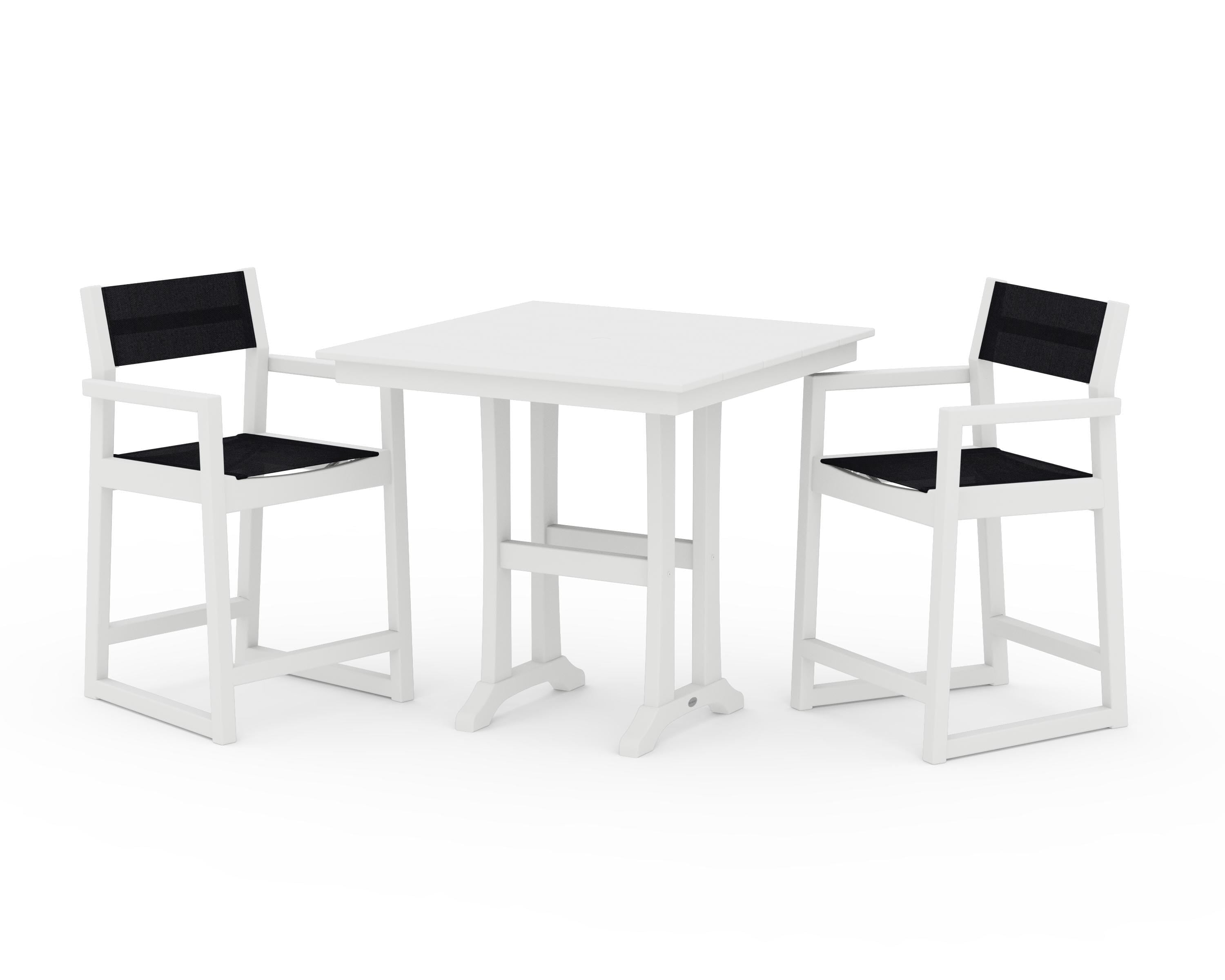 POLYWOOD® EDGE Sling Arm Chair 3-Piece Farmhouse Counter Set with Trestle Legs in White / Black Sling