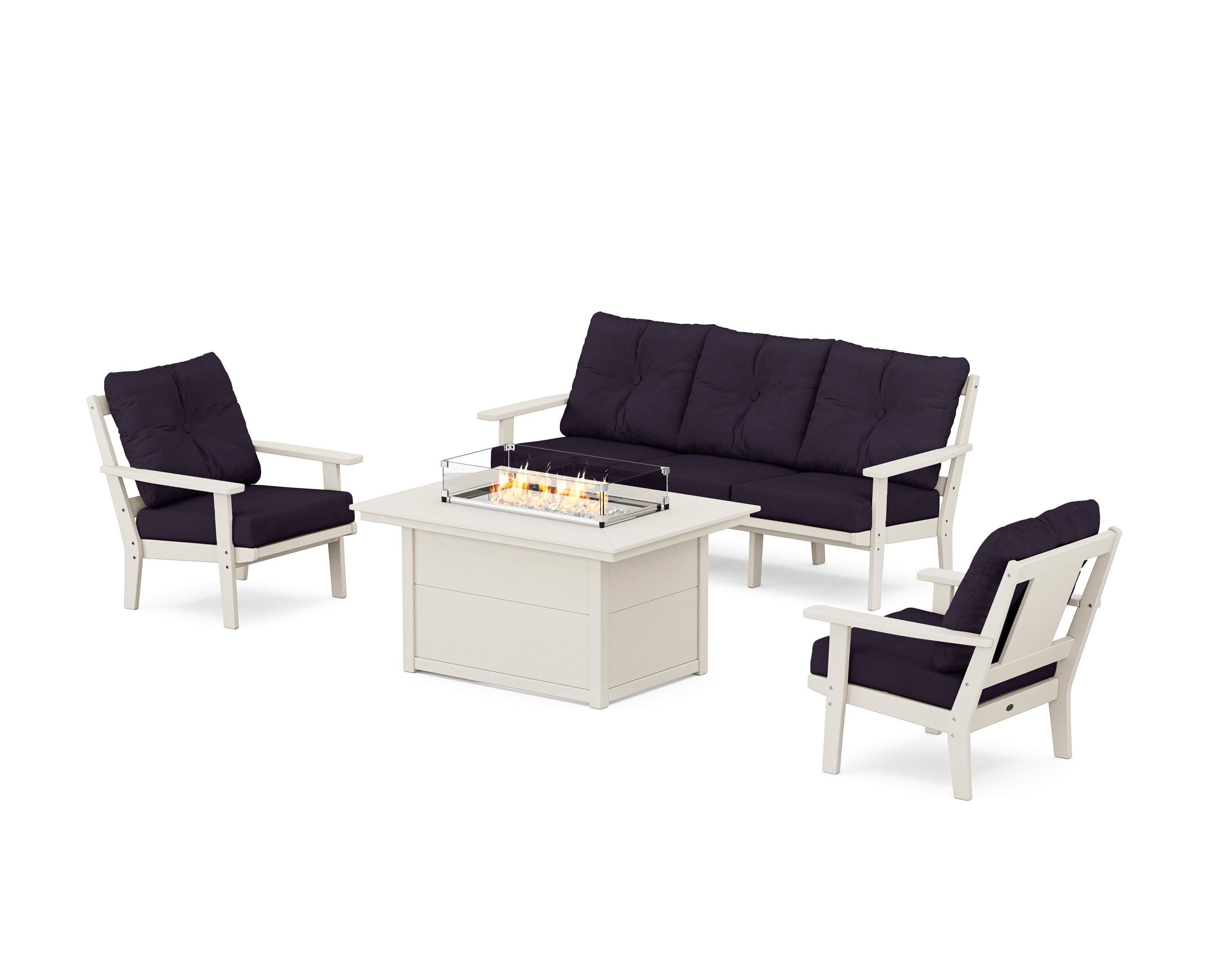 POLYWOOD® Prairie Deep Seating Fire Pit Table Set in Sand / Navy Linen