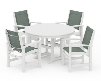 POLYWOOD® Coastal 5-Piece Round Farmhouse Dining Set in White / Dupioni Sea Mist Sling