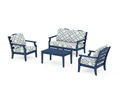 Draper James™ by  POLYWOOD® Savannah 4-Piece Deep Seating Set with Loveseat in Navy / Trellis Glacier Spa