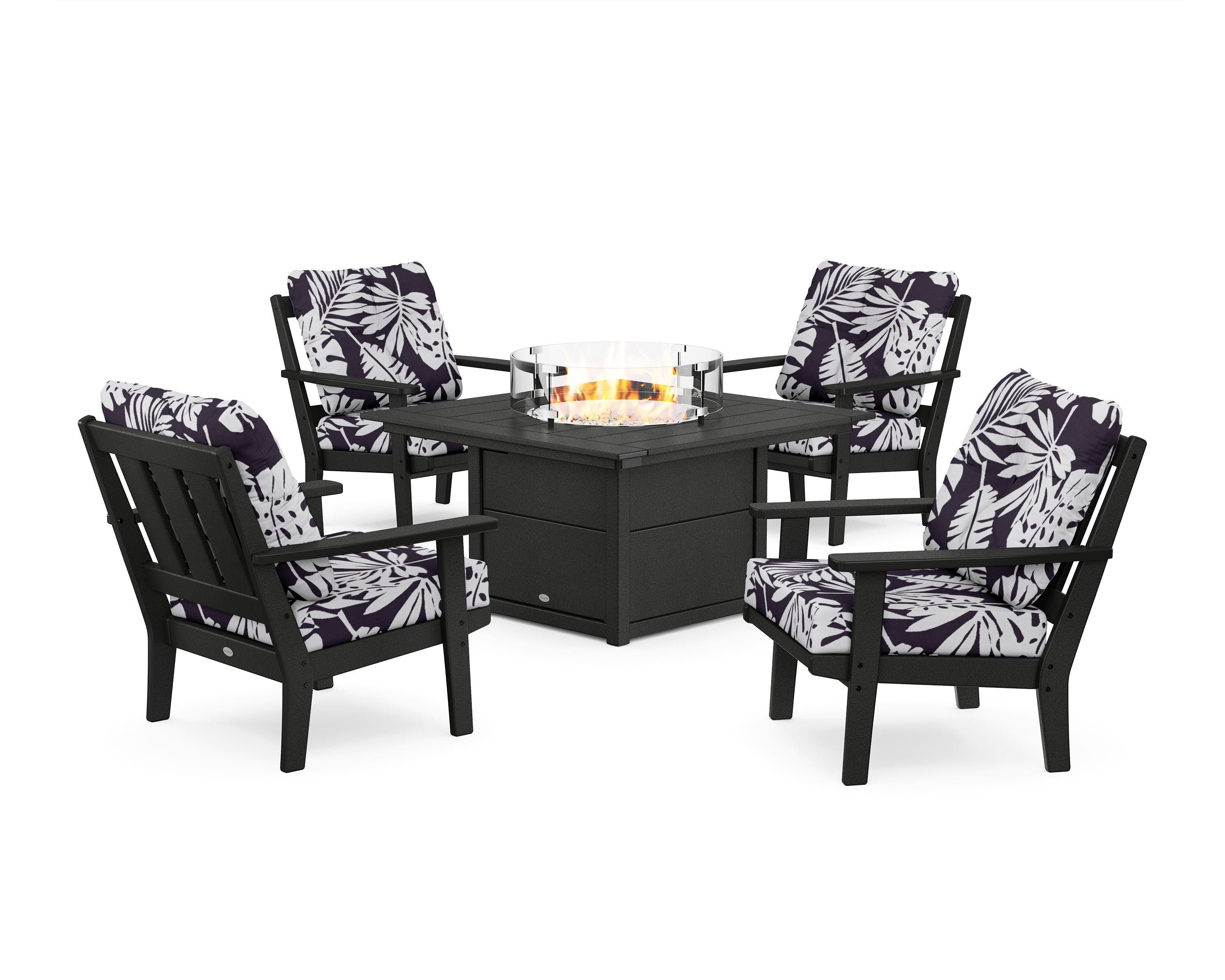 POLYWOOD® Oxford 5-Piece Deep Seating Set with Fire Pit Table in Black / Leaf Navy
