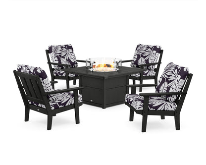 POLYWOOD® Oxford 5-Piece Deep Seating Set with Fire Pit Table in Black / Leaf Navy