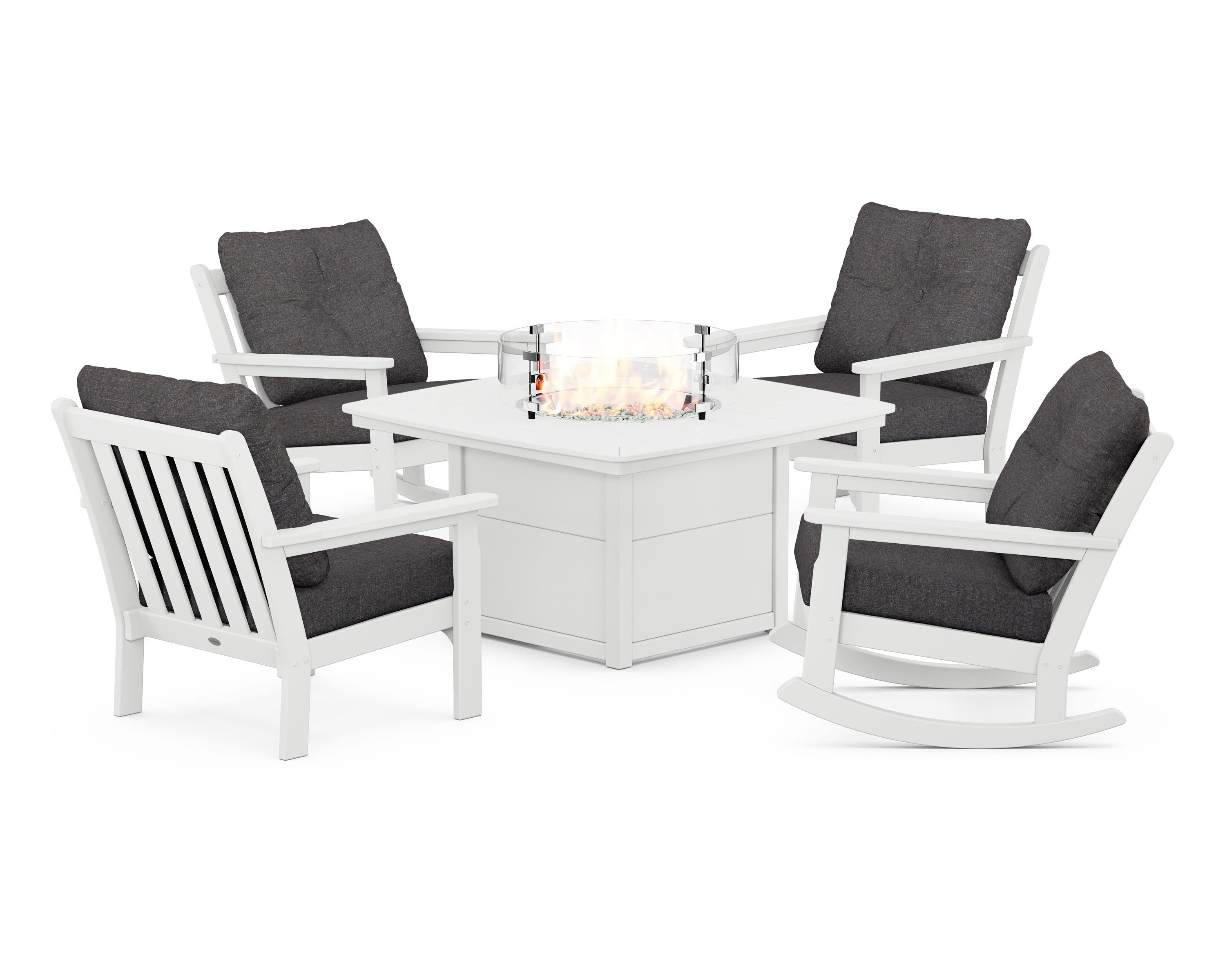 POLYWOOD® Vineyard 5-Piece Deep Seating Rocking Chair Conversation Set with Fire Pit Table in White / Ash Charcoal