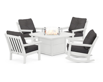 POLYWOOD® Vineyard 5-Piece Deep Seating Rocking Chair Conversation Set with Fire Pit Table in White / Ash Charcoal