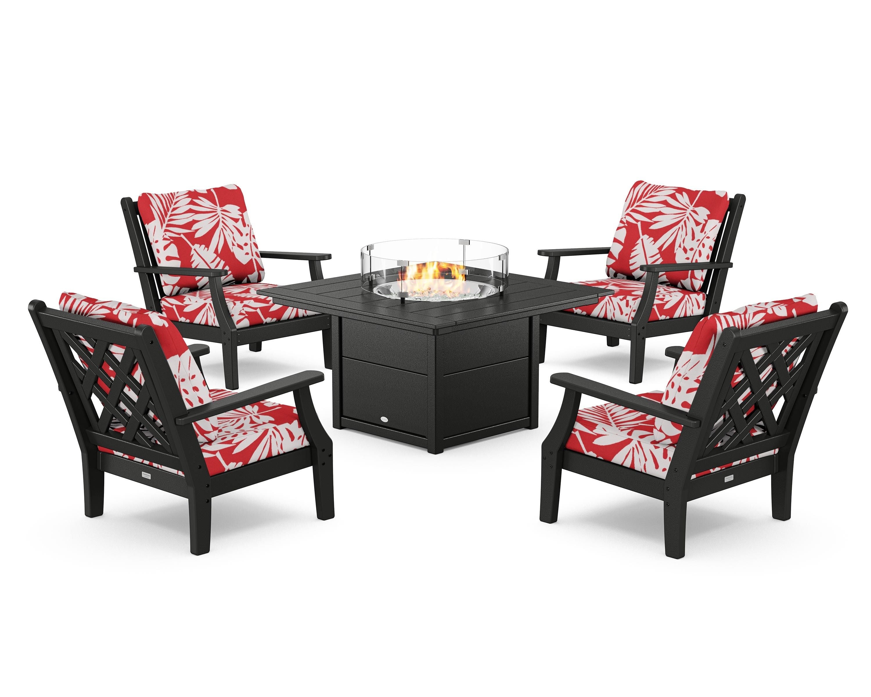 Country Living Wovendale 5-Piece Deep Seating Set with Fire Pit Table in Black / Leaf Crimson