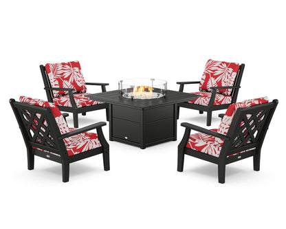 Country Living Wovendale 5-Piece Deep Seating Set with Fire Pit Table in Black / Leaf Crimson