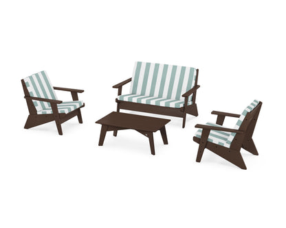 POLYWOOD® Riviera Modern Lounge 4-Piece Set in Mahogany / Cabana Stripe Glacier Spa
