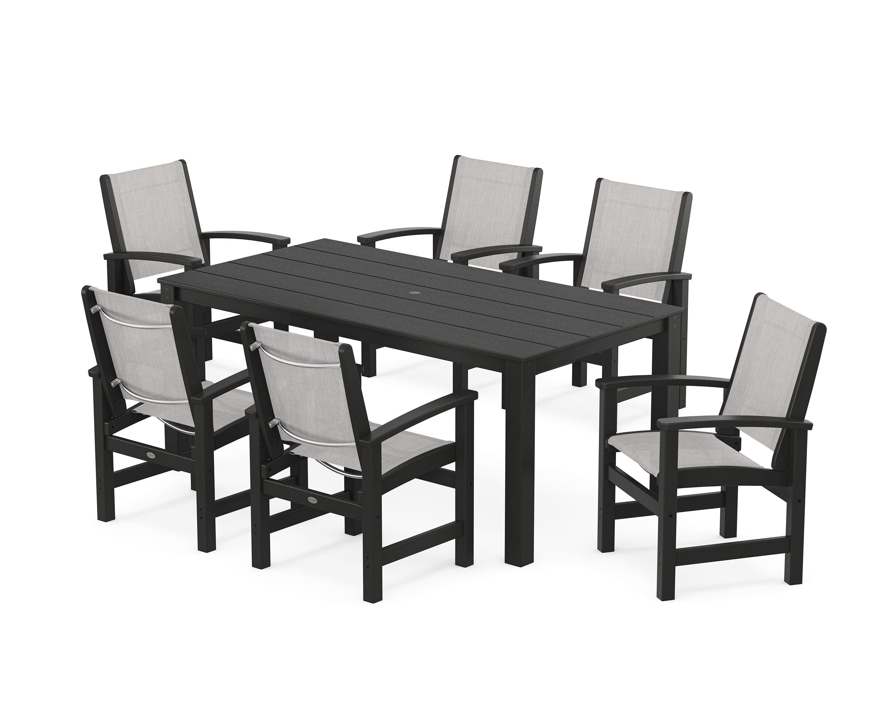 POLYWOOD® Coastal 7-Piece Parsons Dining Set in Black / Parchment Sling