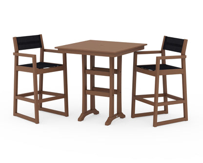 POLYWOOD® EDGE Sling Arm Chair 3-Piece Farmhouse Bar Set with Trestle Legs in Teak / Black Sling