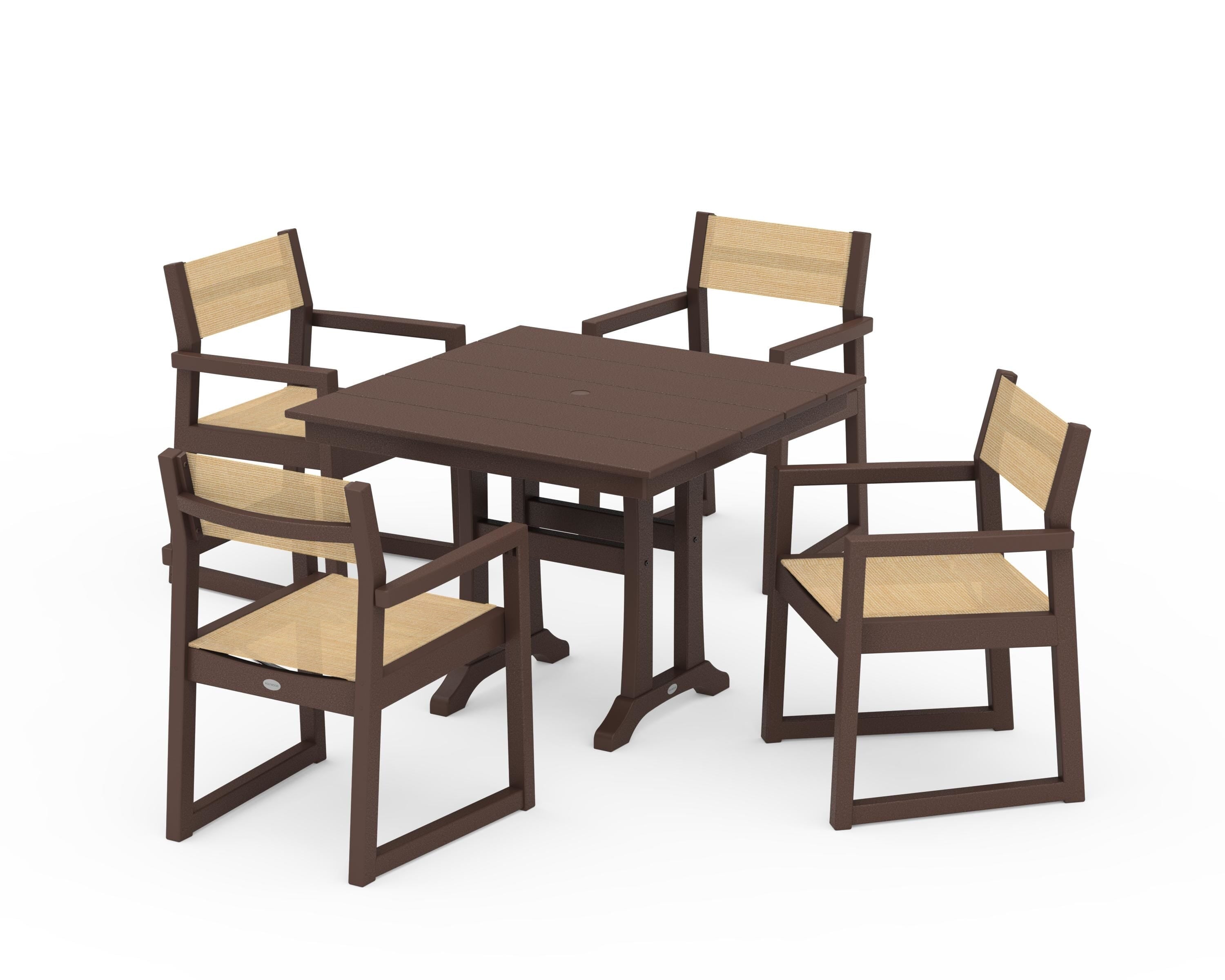 POLYWOOD® EDGE Sling 5-Piece Farmhouse Dining Set with Trestle Legs in Mahogany / Dupioni Apricot Sling