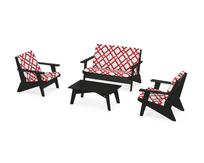 POLYWOOD® Riviera Modern Lounge 4-Piece Set in Black / Trellis Crimson
