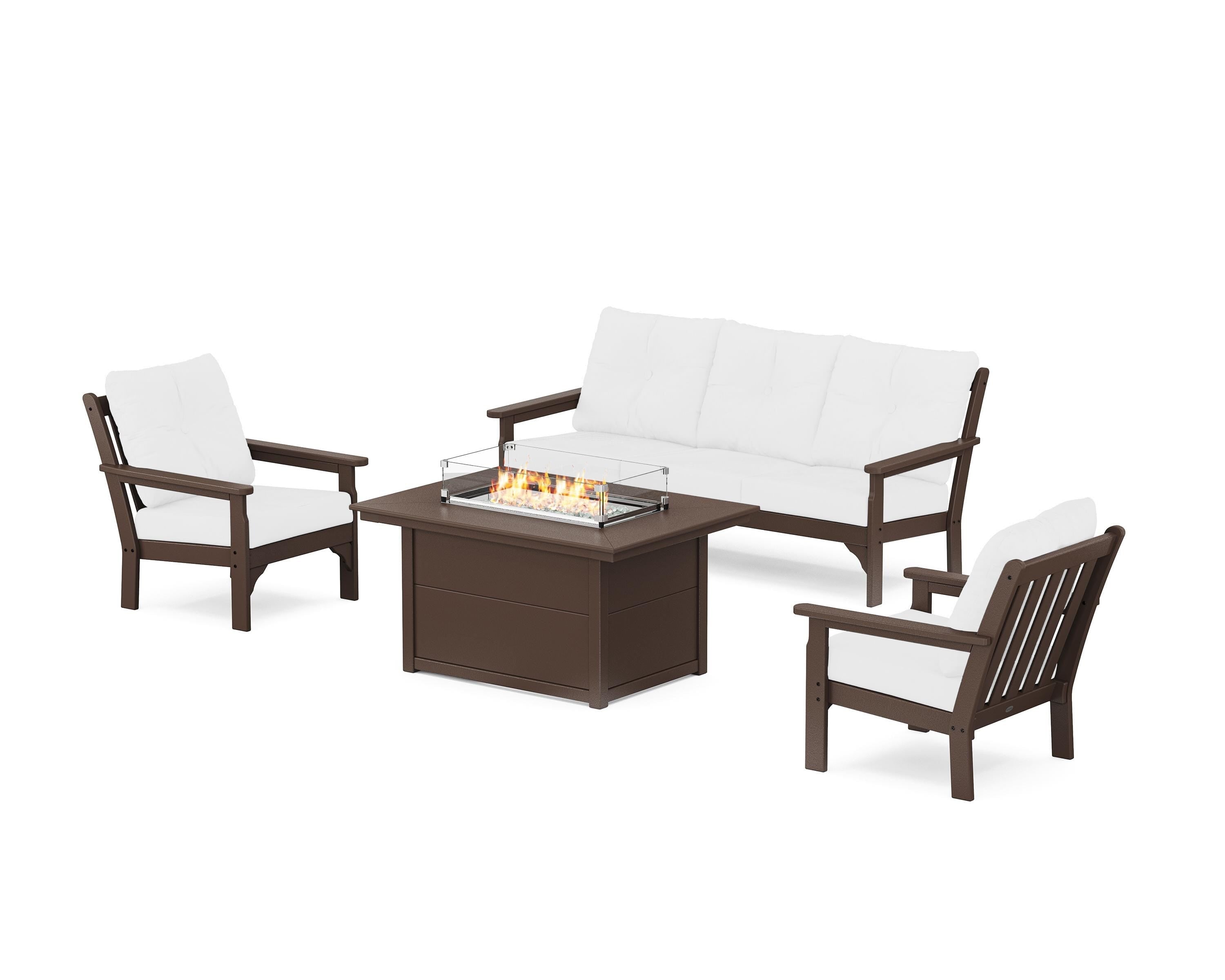 POLYWOOD® Vineyard Deep Seating Fire Pit Table Set in Mahogany / Natural