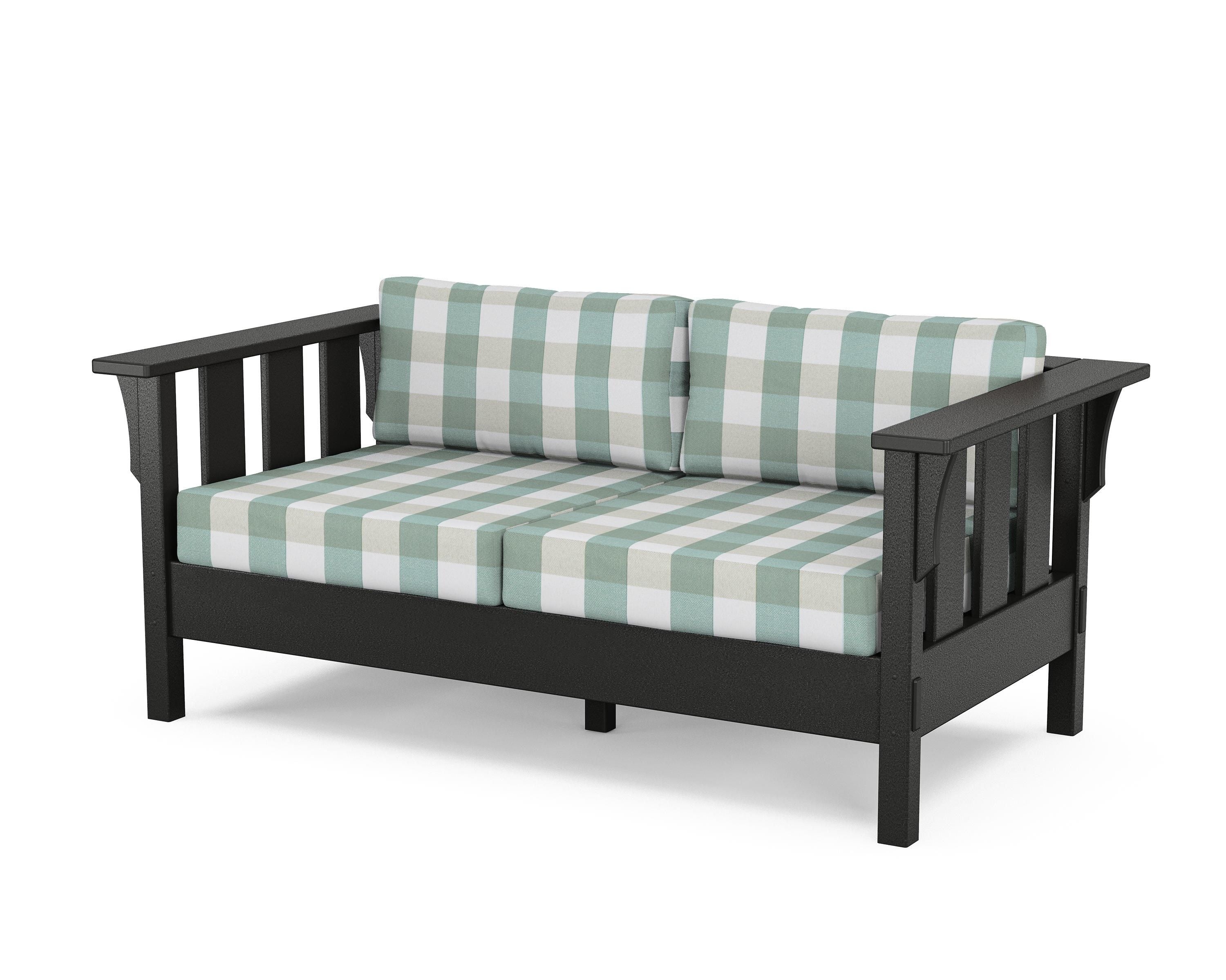 Martha Stewart by POLYWOOD® Acadia Deep Seating Loveseat in Black / Buffalo Plaid Glacier Spa