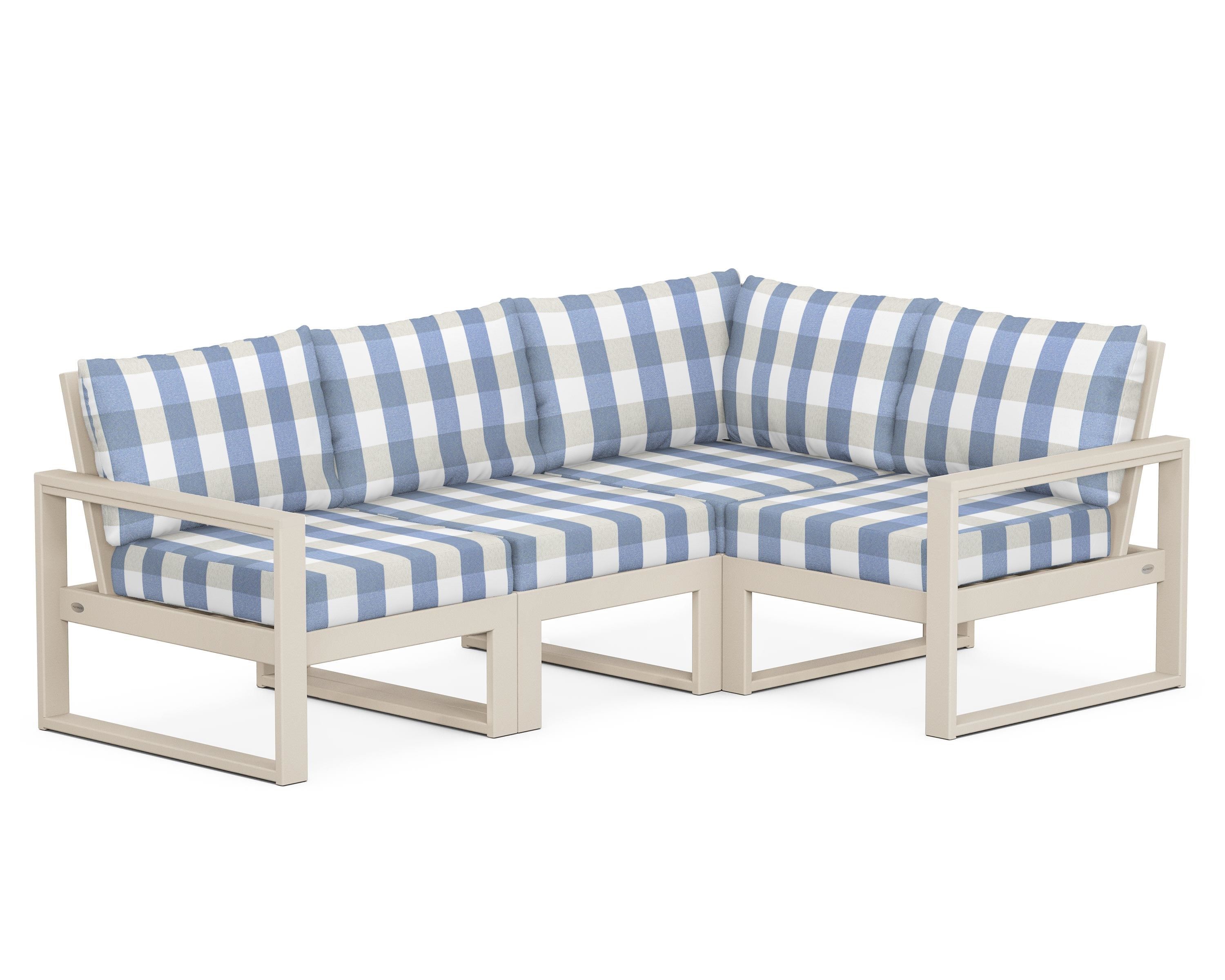 POLYWOOD® EDGE 4-Piece Modular Deep Seating Set in Sand / Buffalo Plaid Sky Blue