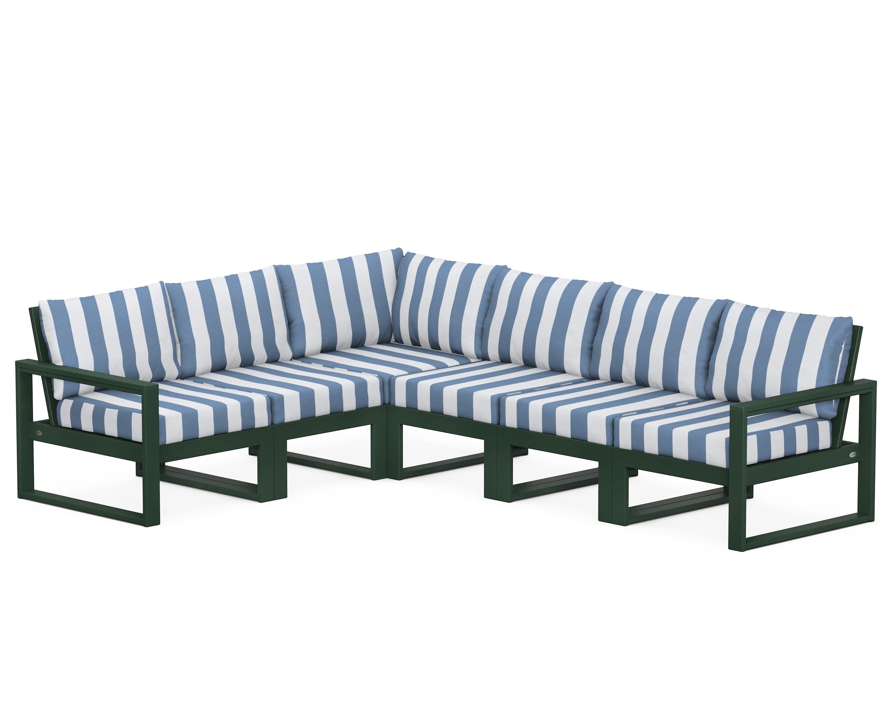 POLYWOOD® EDGE 6-Piece Modular Deep Seating Set in Green / Cabana Stripe Sky Blue