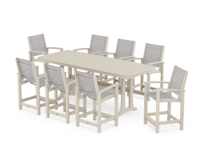 POLYWOOD® Coastal 9-Piece Counter Set with Trestle Legs in Sand / Parchment Sling