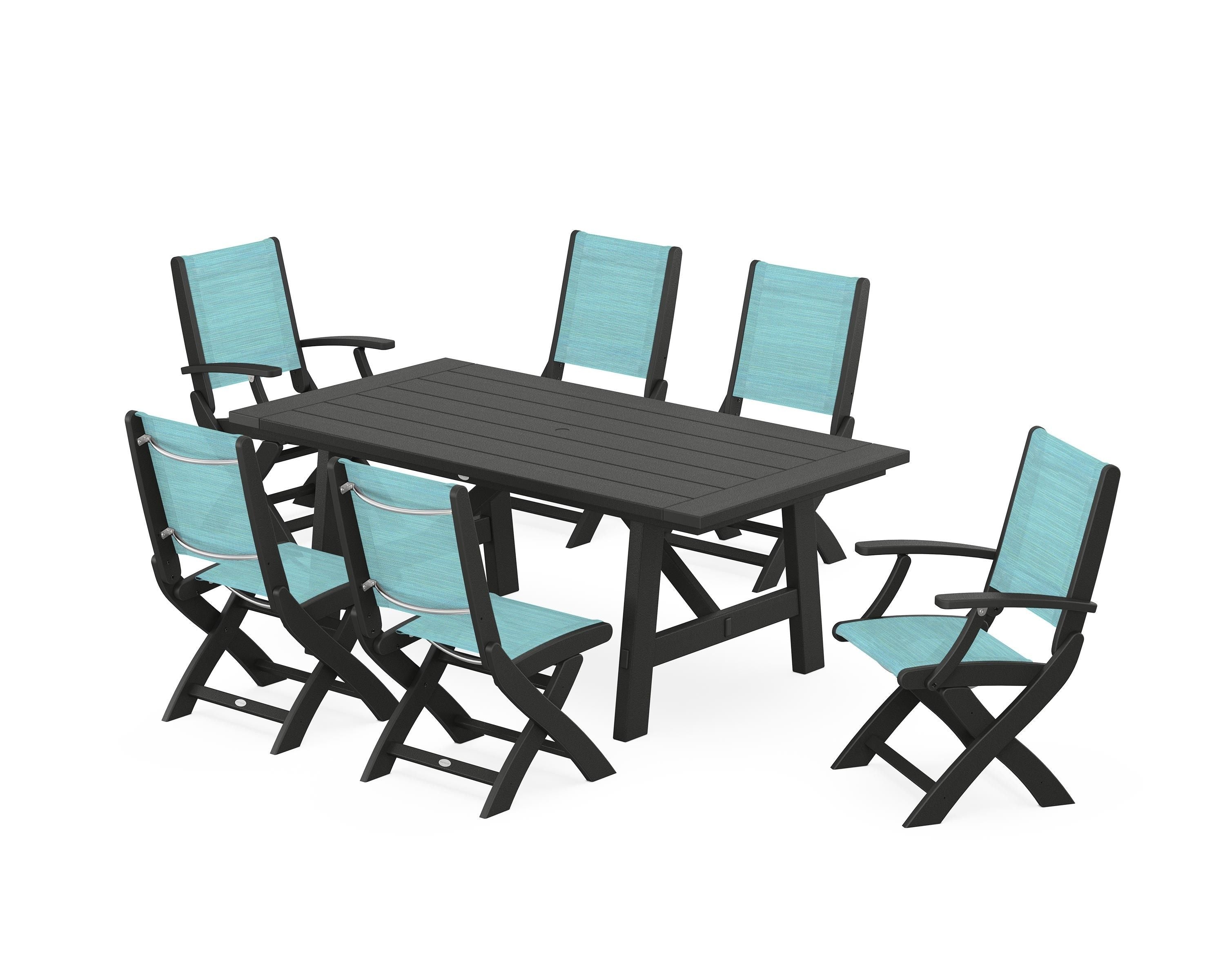 POLYWOOD® Coastal Folding Chair 7-Piece Rustic Farmhouse Dining Set in Black / Dupioni Aquamarine Sling
