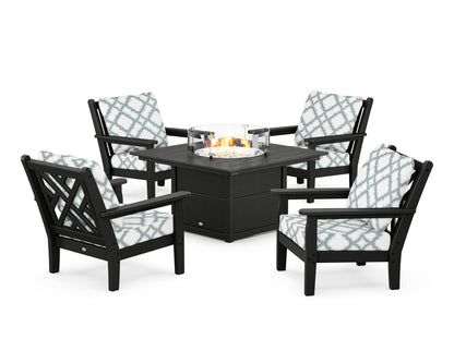 POLYWOOD® Chippendale 5-Piece Deep Seating Set with Fire Pit Table in Black / Trellis Glacier Spa