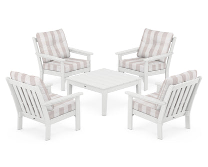 POLYWOOD® Vineyard 5-Piece Deep Seating Conversation Set in White / Buffalo Plaid Dune Burlap