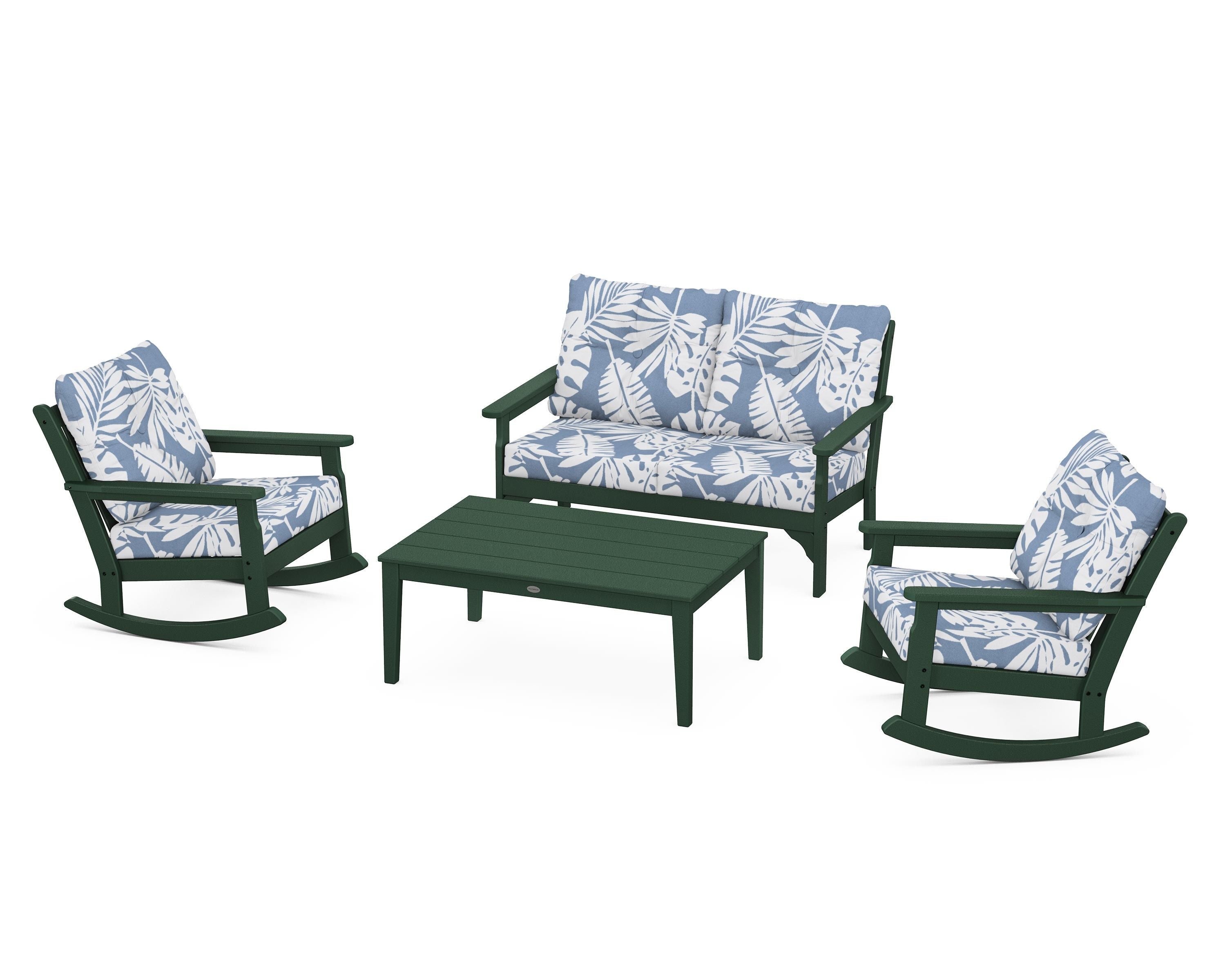 POLYWOOD® Vineyard 4-Piece Deep Seating Rocking Chair Set in Green / Leaf Sky Blue