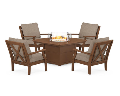 POLYWOOD® Braxton 5-Piece Deep Seating Conversation Set with Fire Pit Table in Teak / Spiced Burlap