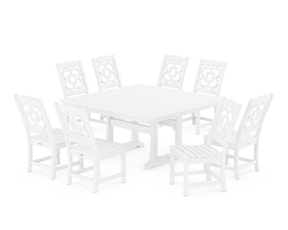 Martha Stewart by POLYWOOD® Chinoiserie 9-Piece Square Side Chair Dining Set with Trestle Legs in White