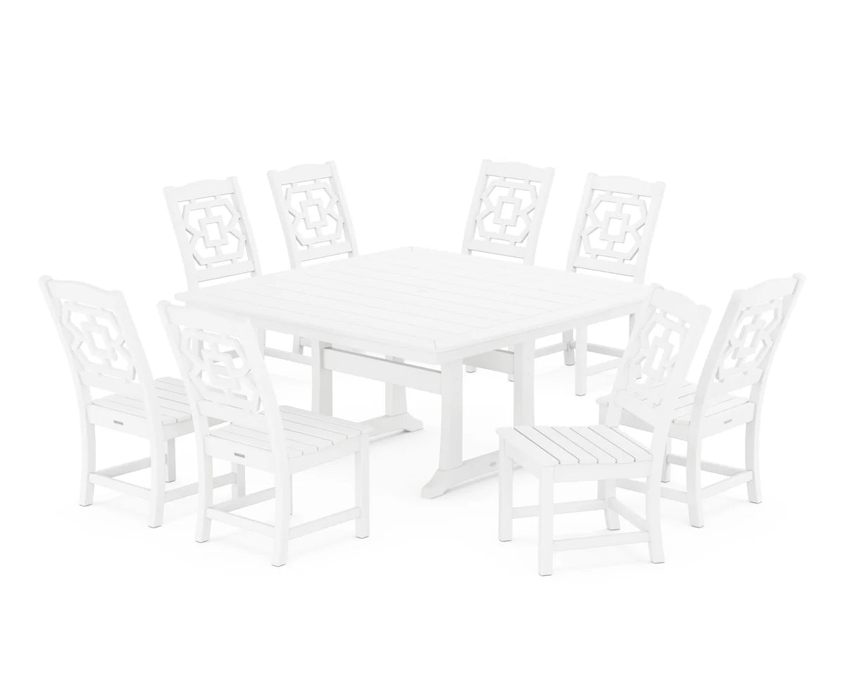 Chinoiserie 9-Piece Square Side Chair Dining Set with Trestle Legs