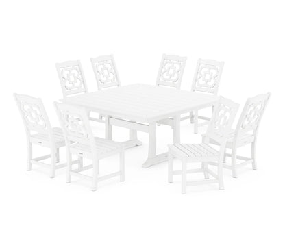 Chinoiserie 9-Piece Square Side Chair Dining Set with Trestle Legs