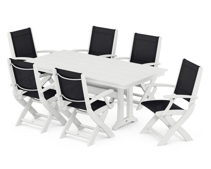 POLYWOOD® Coastal Folding Arm Chair 7-Piece Farmhouse Dining Set with Trestle Legs in White / Black Sling