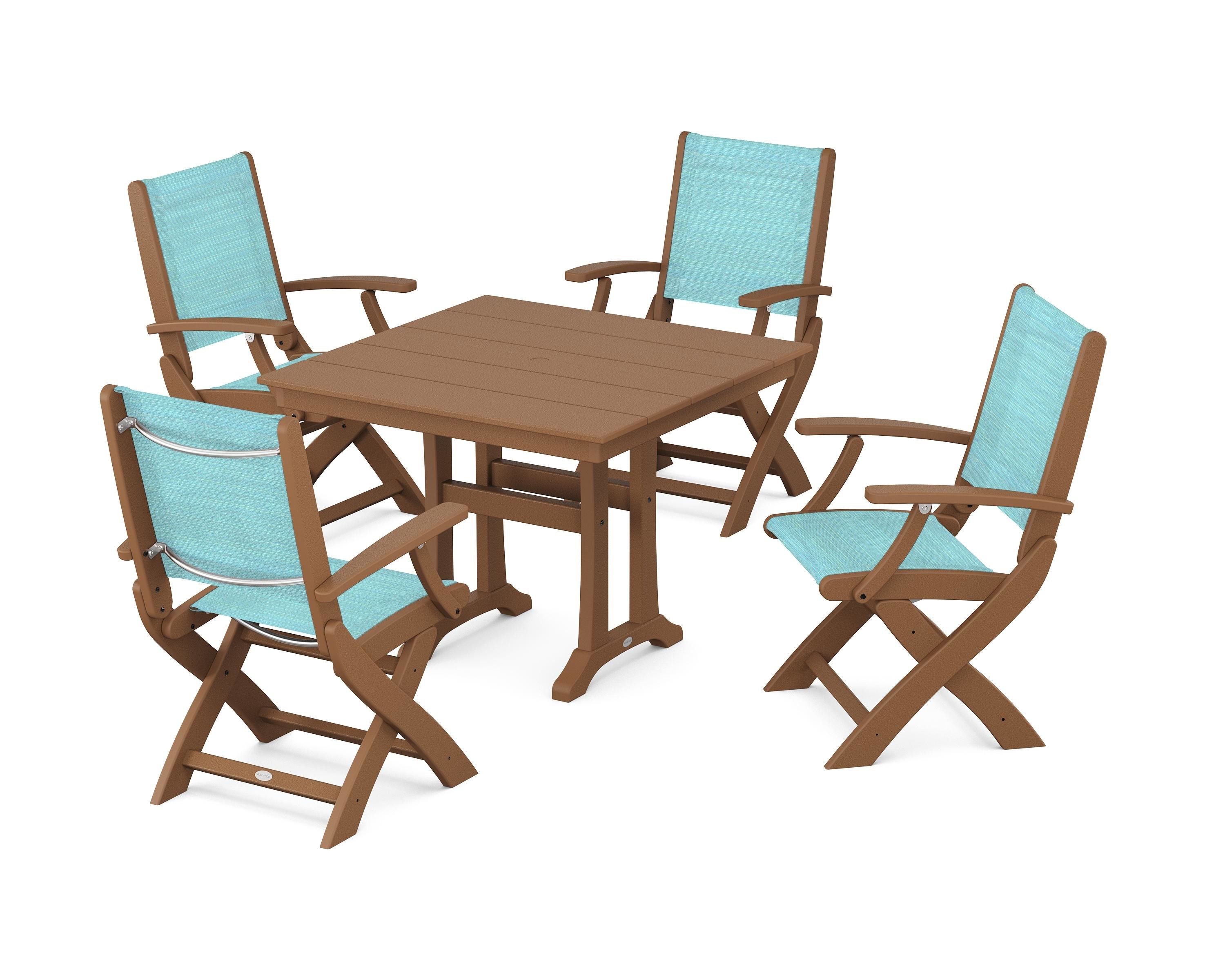 POLYWOOD® Coastal Folding Chair 5-Piece Farmhouse Dining Set With Trestle Legs in Teak / Dupioni Aquamarine Sling