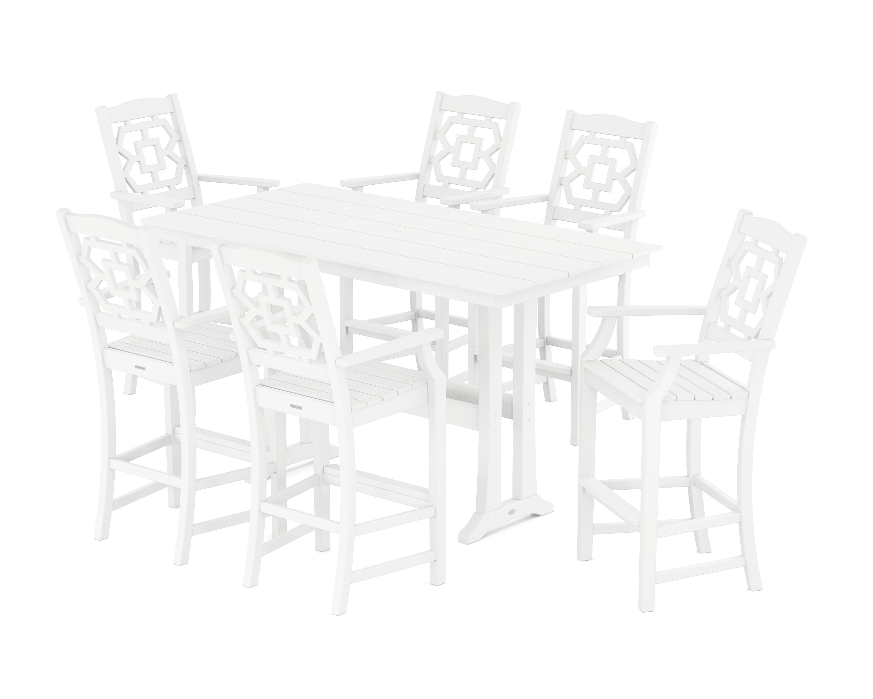 Martha Stewart by POLYWOOD® Chinoiserie Arm Chair 7-Piece Farmhouse Bar Set with Trestle Legs in White