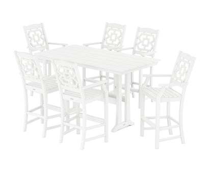 Martha Stewart by POLYWOOD® Chinoiserie Arm Chair 7-Piece Farmhouse Bar Set with Trestle Legs in White