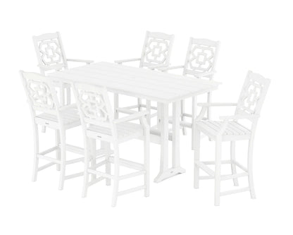Chinoiserie Arm Chair 7-Piece Farmhouse Bar Set with Trestle Legs
