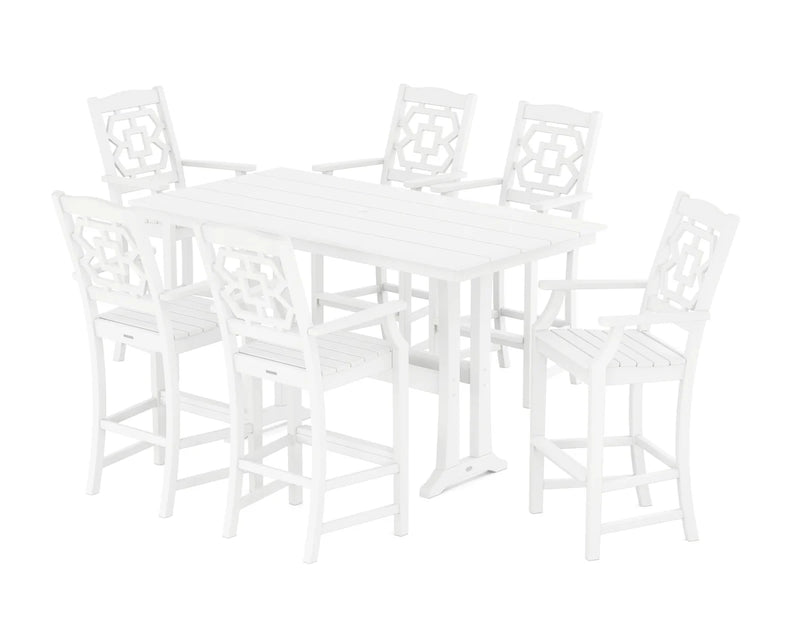 Chinoiserie Arm Chair 7-Piece Farmhouse Bar Set with Trestle Legs