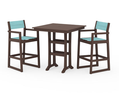 POLYWOOD® EDGE Sling Arm Chair 3-Piece Farmhouse Bar Set with Trestle Legs in Mahogany / Dupioni Aquamarine Sling