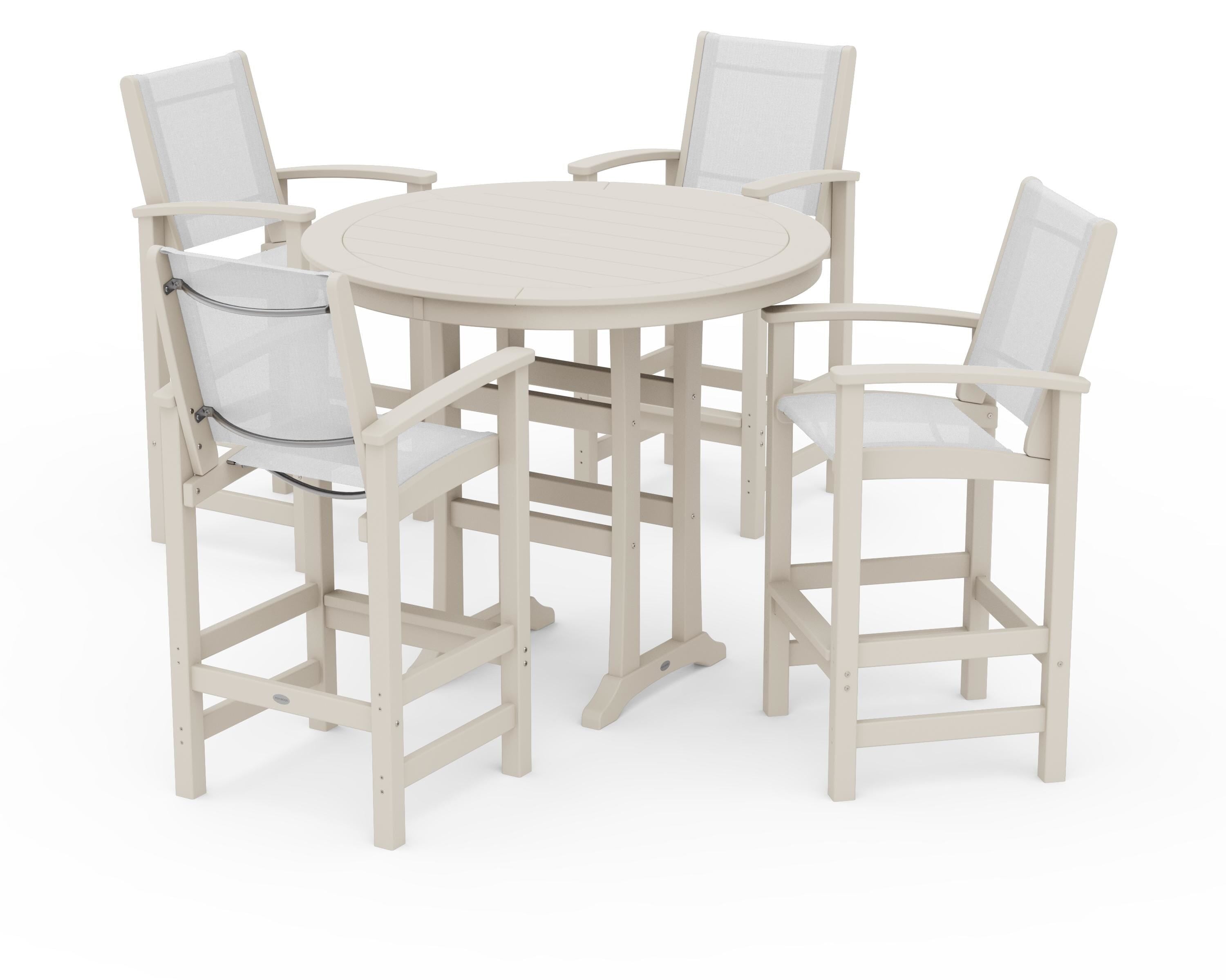 POLYWOOD® Coastal 5-Piece Nautical Trestle Bar Set in Sand / White Sling