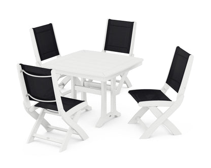 POLYWOOD® Coastal Folding Side Chair 5-Piece Dining Set with Trestle Legs in White / Black Sling