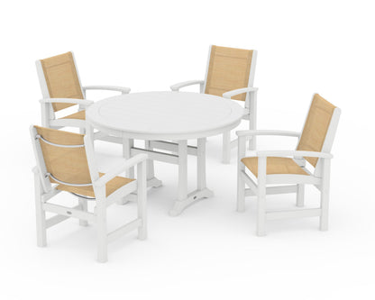 POLYWOOD® Coastal 5-Piece Round Dining Set with Trestle Legs in White / Dupioni Apricot Sling