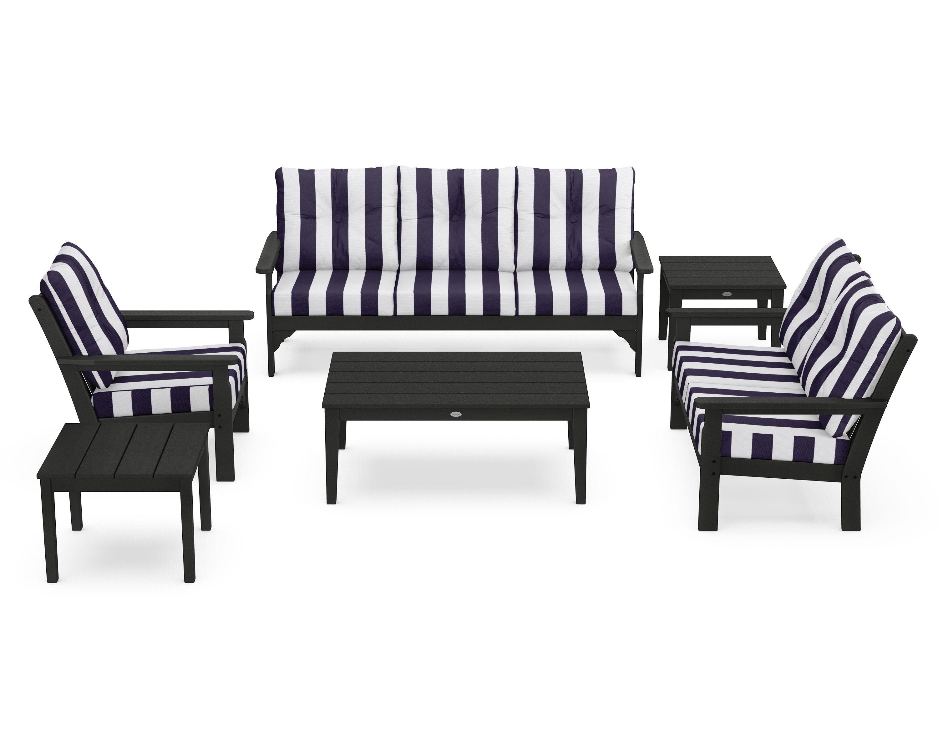 POLYWOOD® Vineyard 6-Piece Deep Seating Set in Black / Cabana Stripe Navy