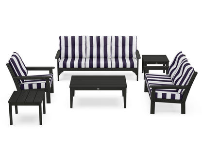 POLYWOOD® Vineyard 6-Piece Deep Seating Set in Black / Cabana Stripe Navy