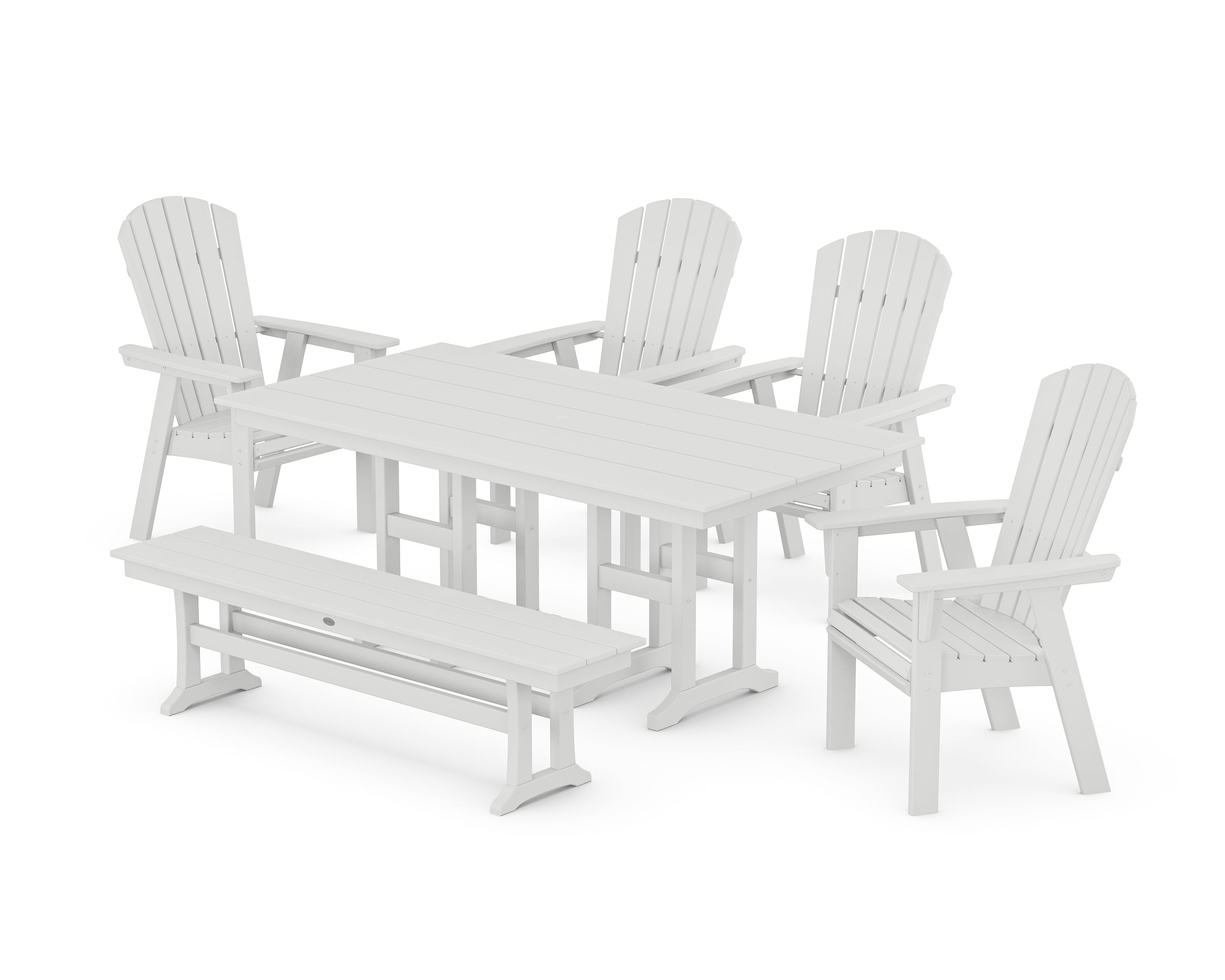 POLYWOOD® Nautical Curveback Adirondack 6-Piece Farmhouse Dining Set with Bench in White