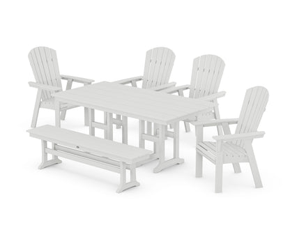 POLYWOOD® Nautical Curveback Adirondack 6-Piece Farmhouse Dining Set with Bench in White
